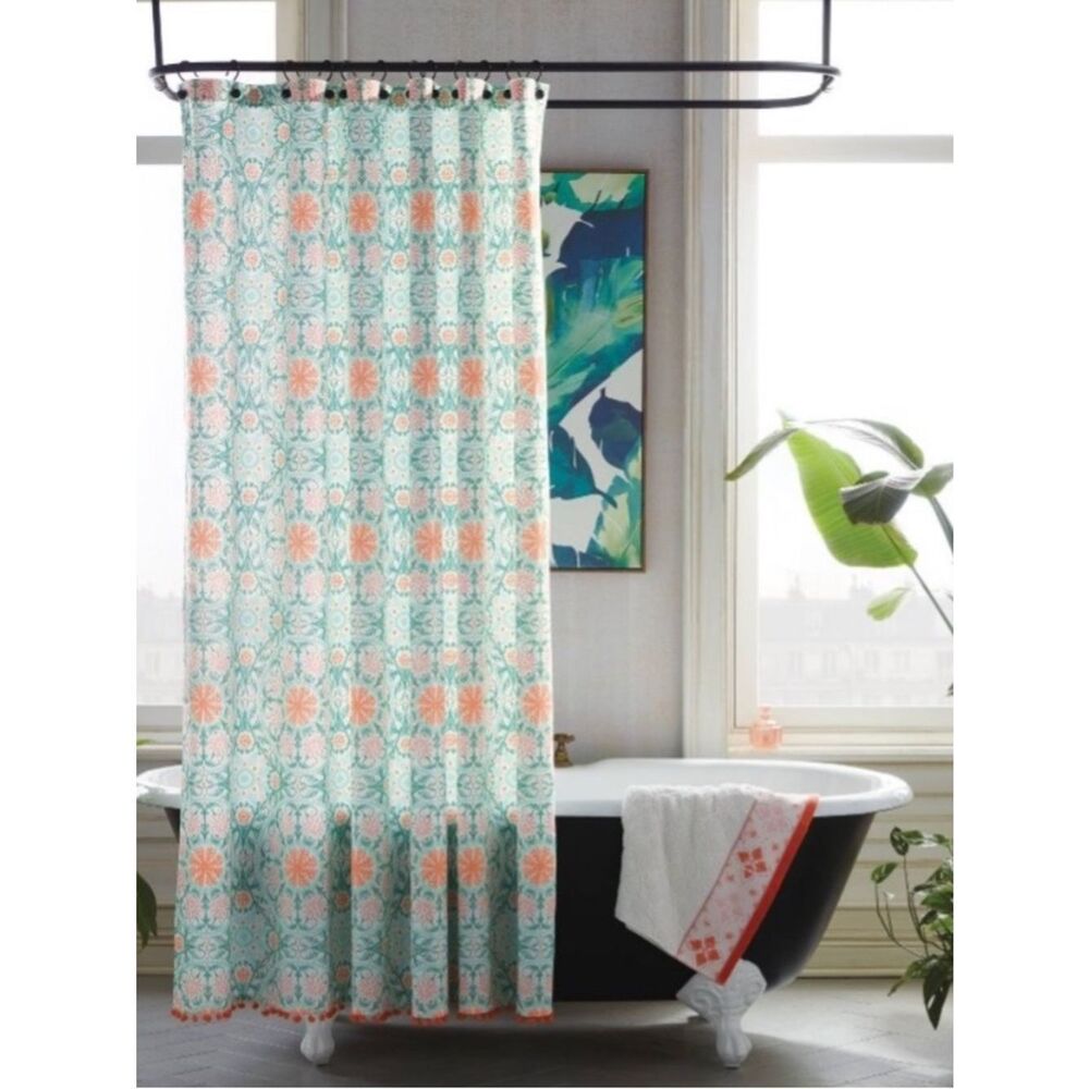 Opalhouse Medallion Green and Coral Floral with tassels Shower Curtain